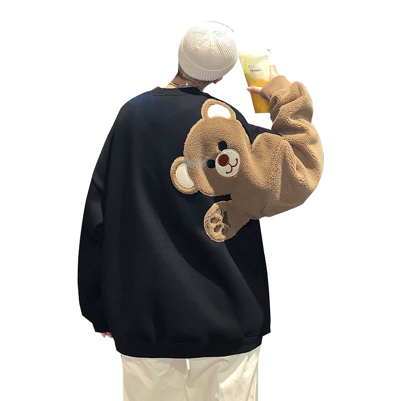 Áo len phối nhung dáng rộng thêu hình gấu dễ thương thời trang mùa thu hàn quốc tf1 cho cặp đôi | BigBuy360 - bigbuy360.vn