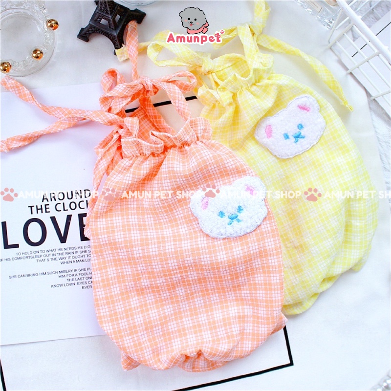 Áo Hai Dây Mùa Hè Cho Chó Mèo Hoạ Tiết Vải Kẻ Caro Hình Mặt Gấu Dễ Thương Thời Trang Thú Cưng Cao Cấp Amun Pet