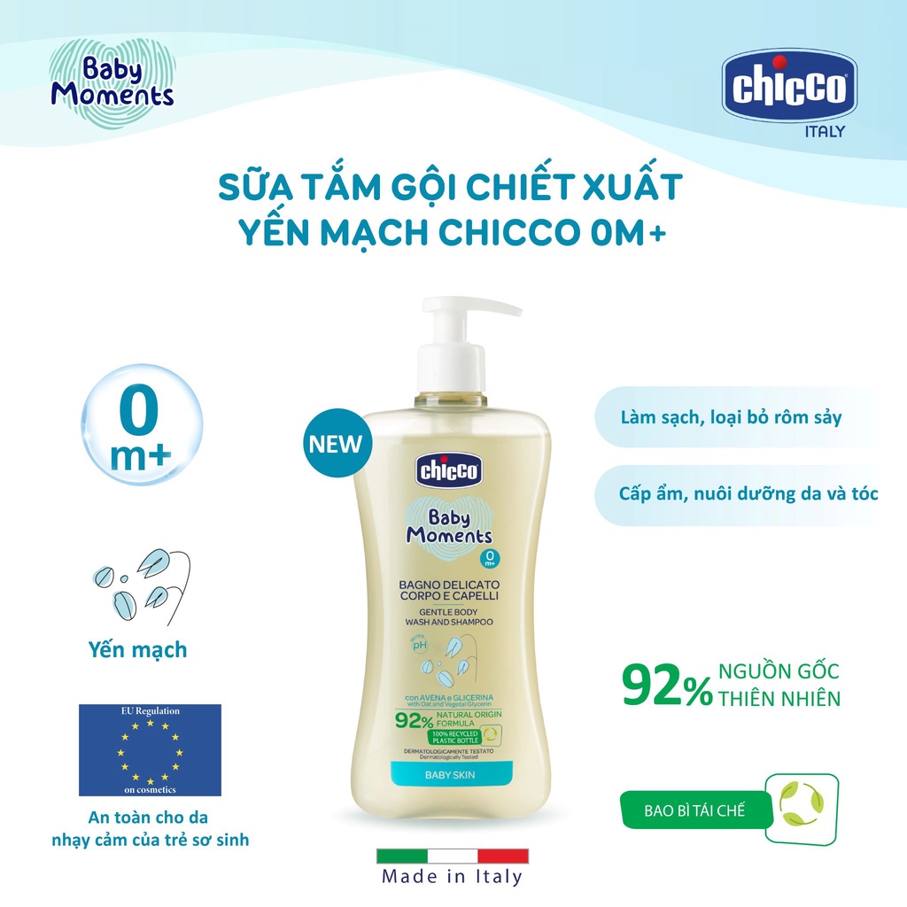 Combo Sữa tắm gội chiết xuất Yến mạch 0M+ Chicco 200ml + Dầu mát-xa chiết xuất hạt bông 0M+ Chicco 200ml