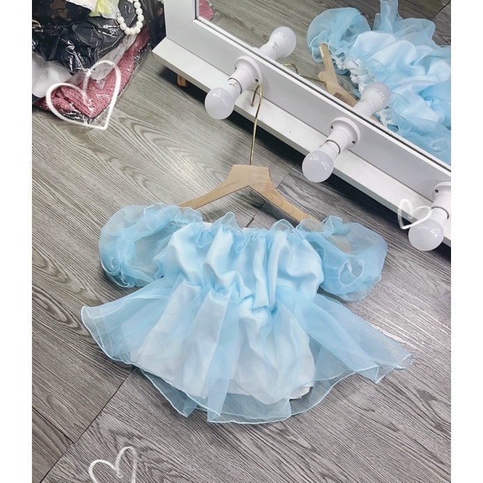 Áo kiểu nữ tay phồng phong cách Hàn dễ thương, áo trễ vai h.àn quốc chất voan tơ 2 lớp bồng bềnh dày dặn