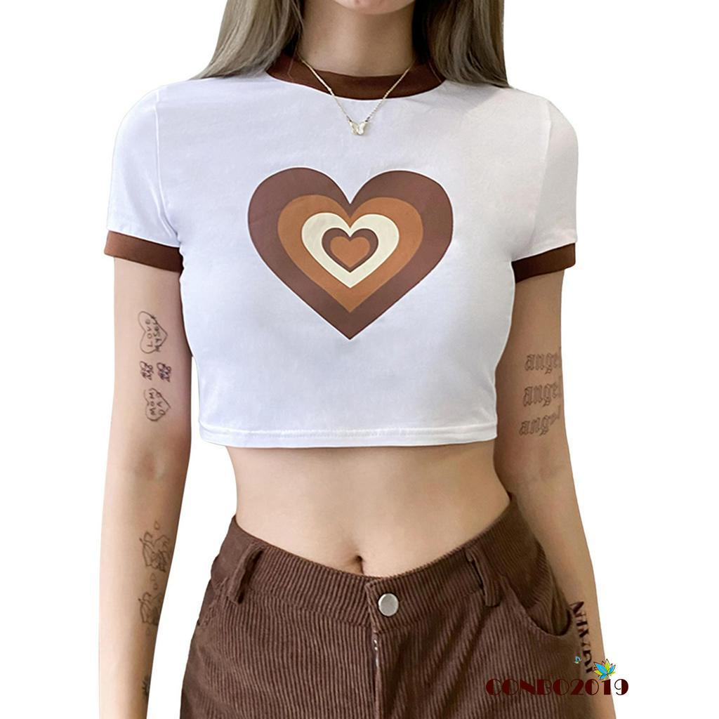 Áo Thun Nữ Ngắn Tay Cổ Tròn In Hình Trái Tim Thời Trang