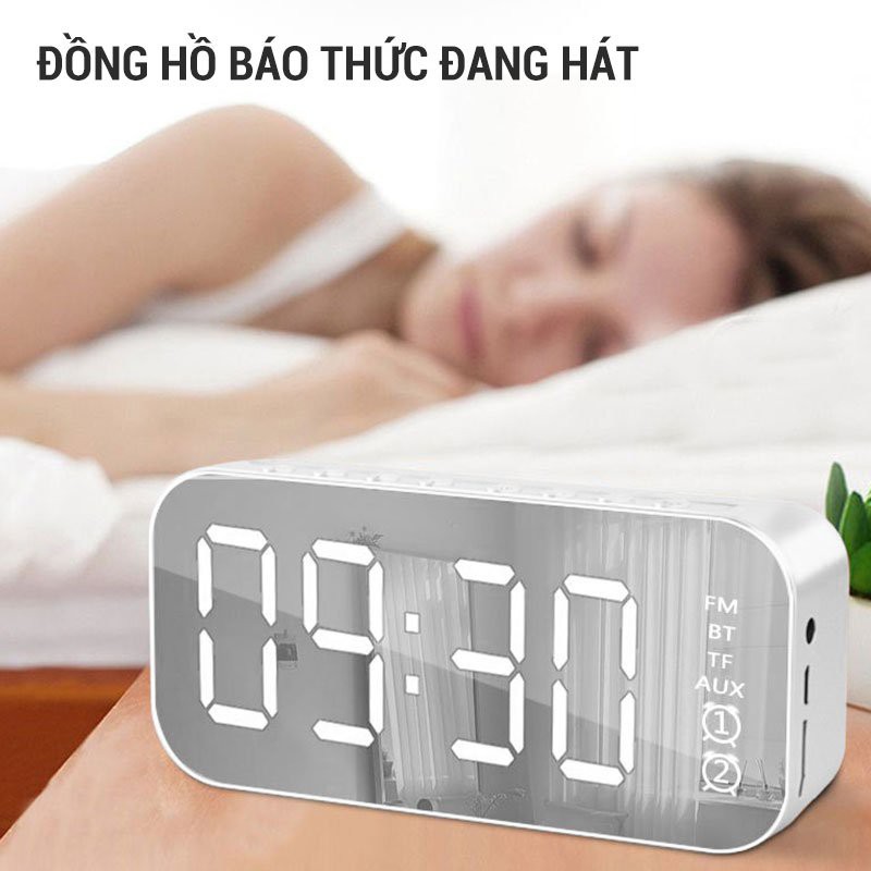 [HÀNG CÓ SẴN] Loa Bluetooth Kiêm Đồng Hồ Đài FM Mặt Tráng Gương Hiển Thị Đèn LED Kiểu Dáng 2021