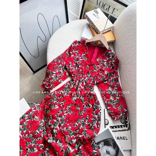 (SALE XẢ HÀNG) ĐẦM MIDI HOA ĐỎ ĐẮP CHÉO - KÈM HÌNH THẬT
