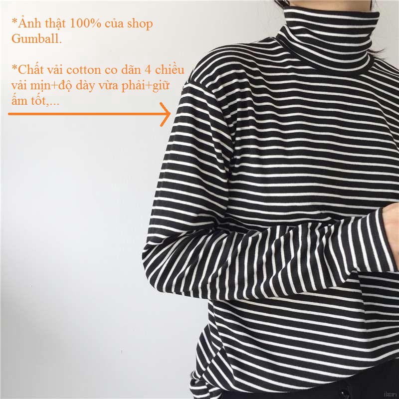 Áo thun tay dài nữ ♥️FREESHIP♥️ áo phông tay dài nữ cổ lọ họa tiết sọc kẻ ngang dễ thương