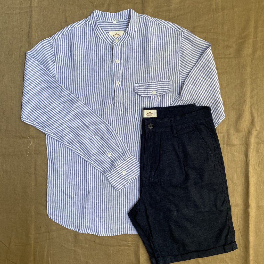 Áo Sơ Mi Nam Cổ Trụ Tay Dài Linen Tưng Sọc