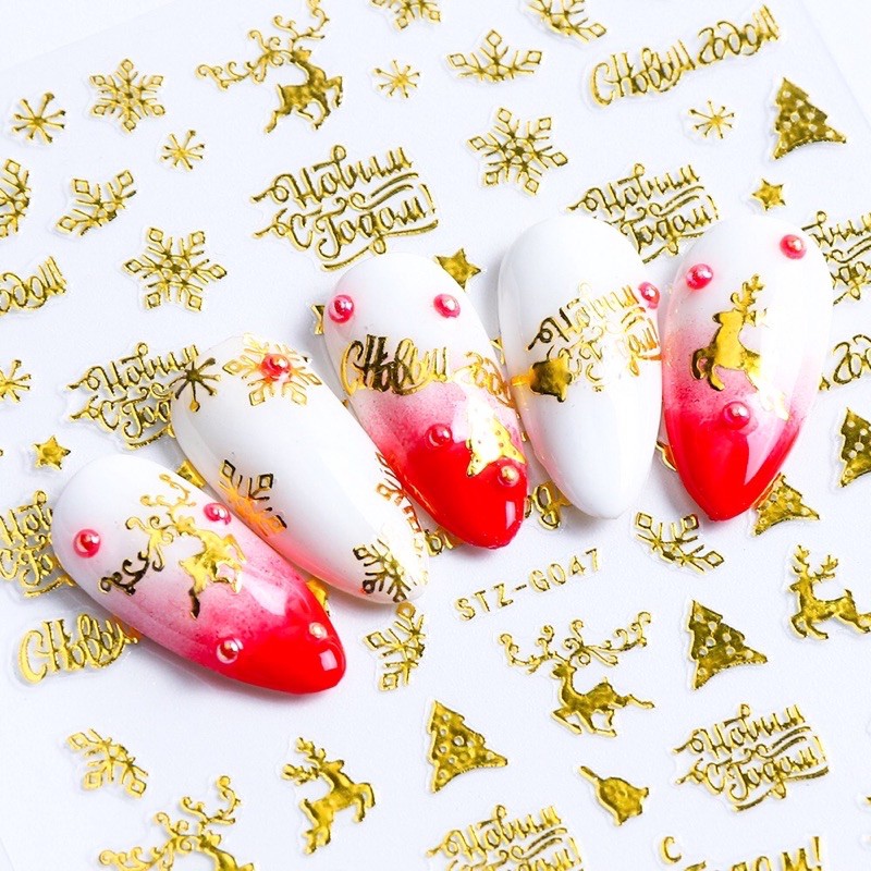 Sticker noel dán móng-hình dán nail bông tuyết Giáng sinh màu đỏ vàng