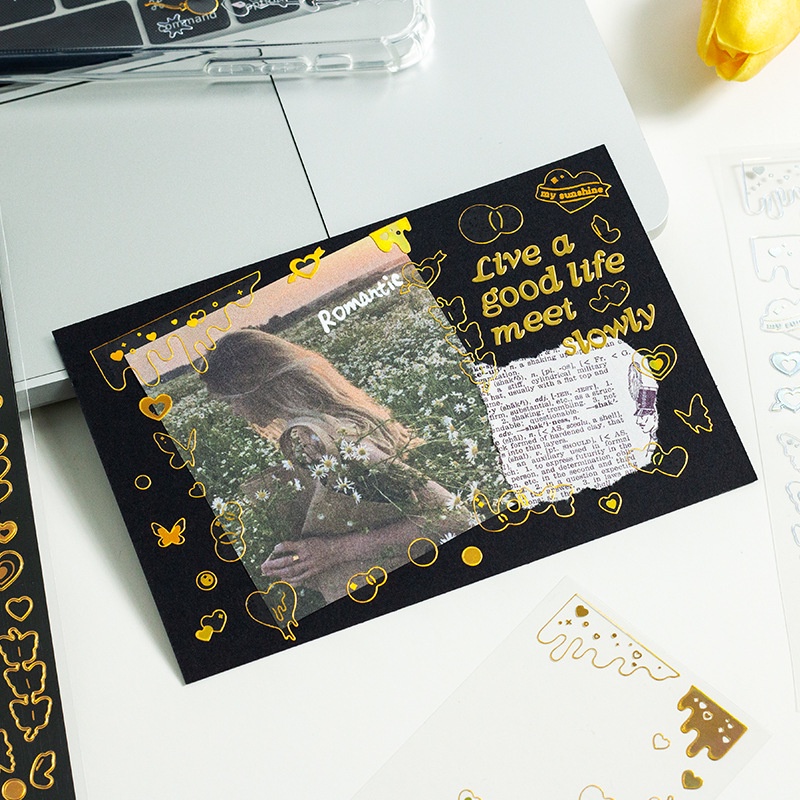 Hình dán PVC màu vàng/bạc chống thấm nước dùng để trang trí sổ tay DIY đẹp mắt