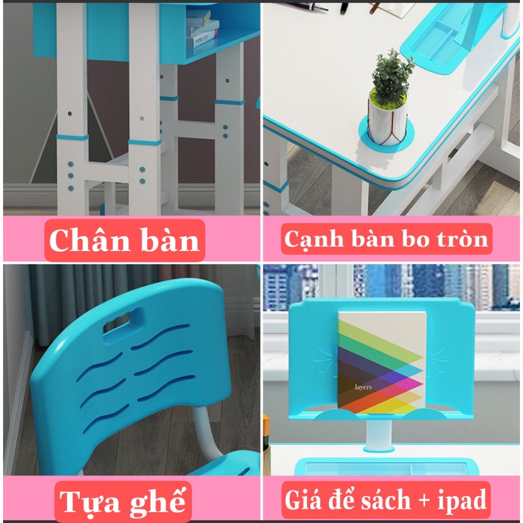 Bộ bàn ghế học sinh SKYA K101 bàn học thông minh cho bé màu xanh chống gù chống cận có giá để sách và ipad tiện lợi