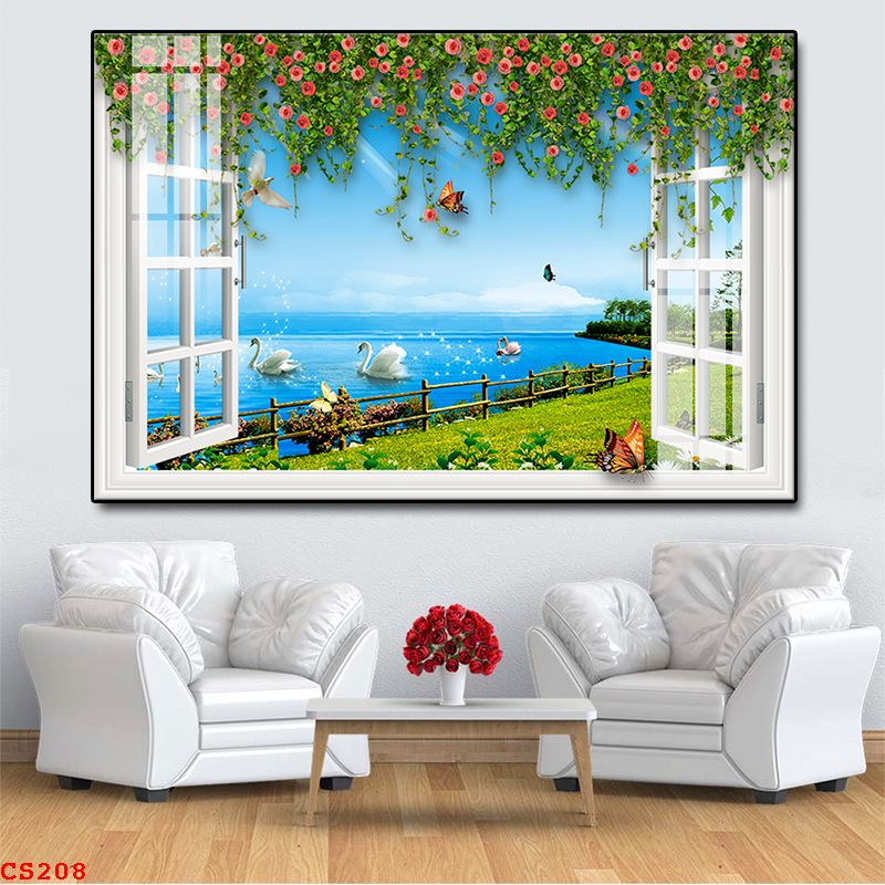 TRANH DÁN TƯỜNG 3D Ô CỬA SỔ HOÁ LÁ THIÊN NHIÊN - TRANH DÁN TƯỜNG GIẢ CỬA SỔ- MELYHOME MELYHOME