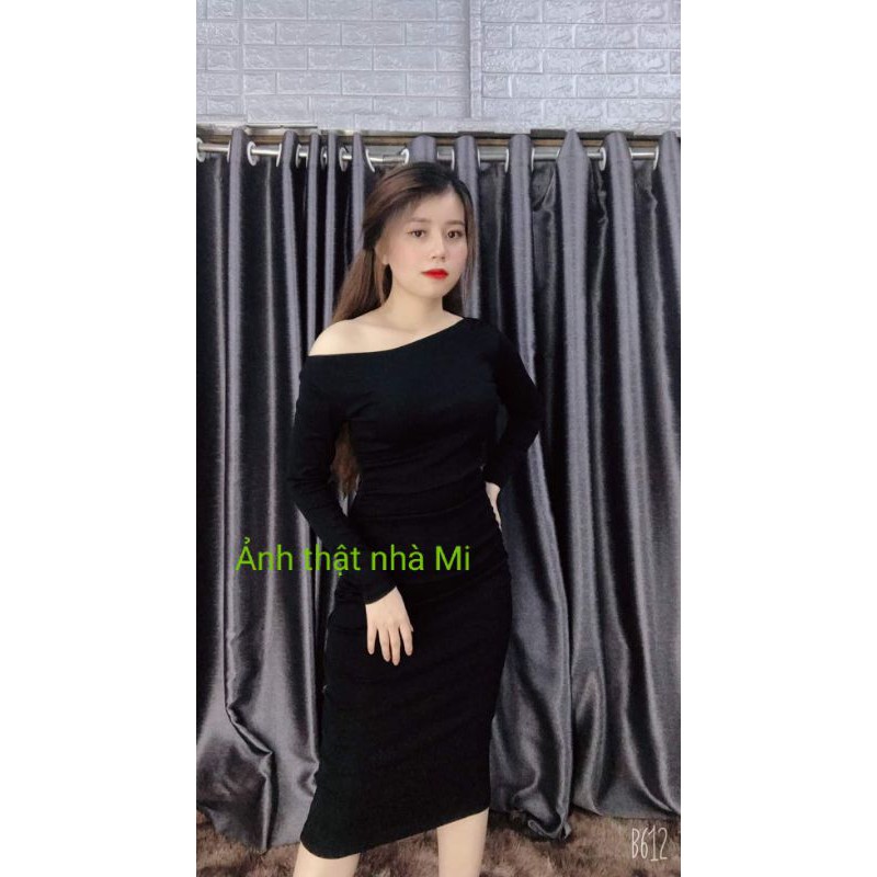 Đầm body lệch vai dài tay chất thun loại 1 kèm hình thật | BigBuy360 - bigbuy360.vn