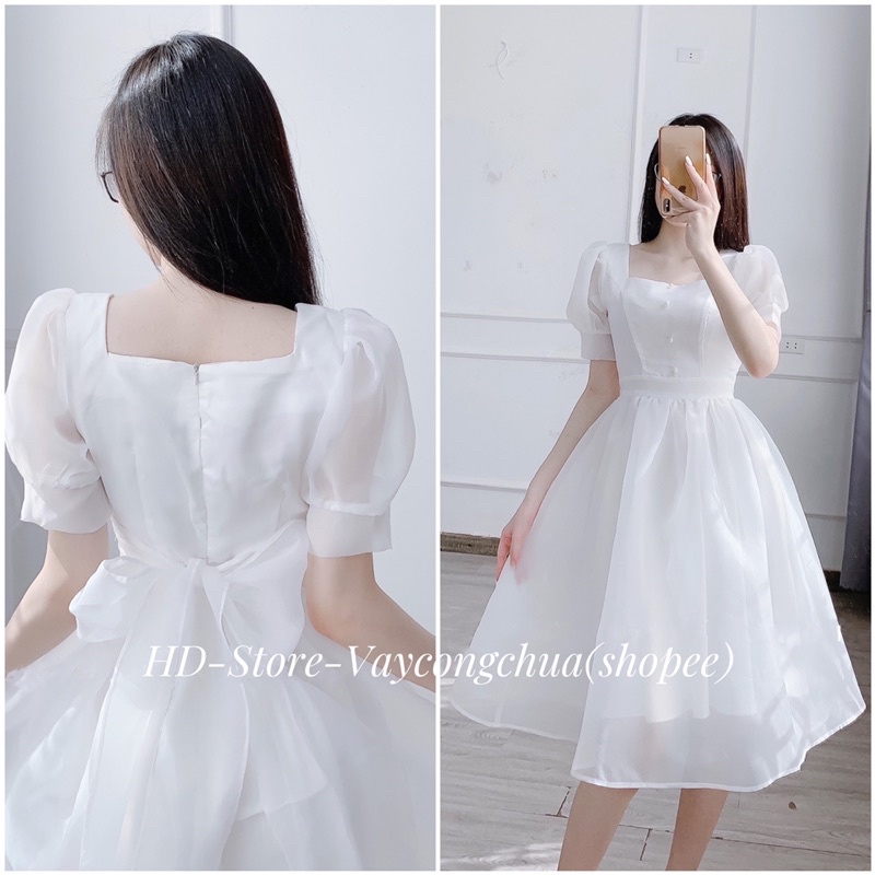 VÁY THẮT NƠ CỔ VUÔNG XOÈ PHỒNG DỰ TIỆC PROM, ĐẦM CÔNG CHÚA CÔ DÂU