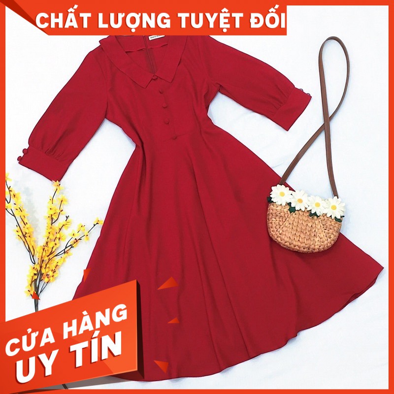 [ Sale ] Đầm Suông Dài Đỏ Cổ Sen Có Nút (kèm hình thật)