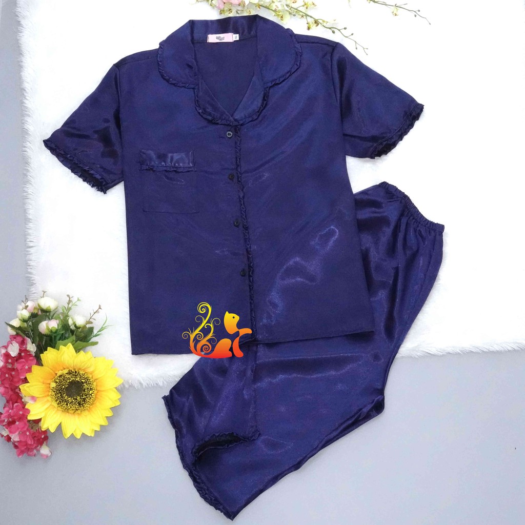 Đồ Pijama Phi Lụa &quot;Viền Bèo&quot; Quần Lửng Cao Cấp - Dưới 75kg.