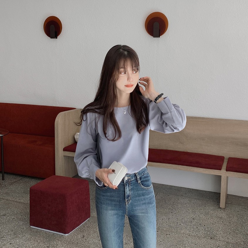 Áo sơ mi nữ cổ tròn dài tay màu trơn đơn giản 38654