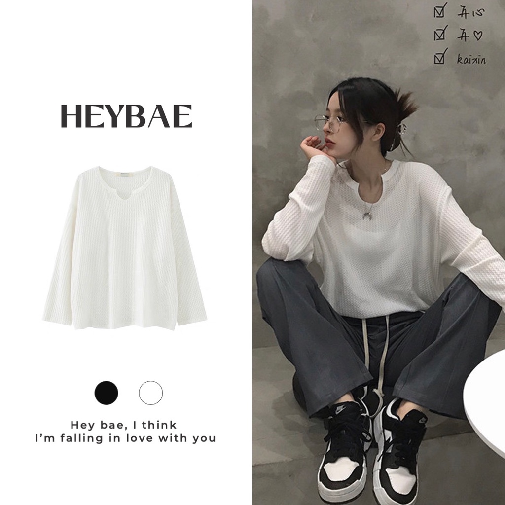 Áo dài tay oversize BBoo HEYBAE vải hoạ tiết tổ ong dáng rộng áo thun khoét cổ cá tính thu đông cho nữ AK013