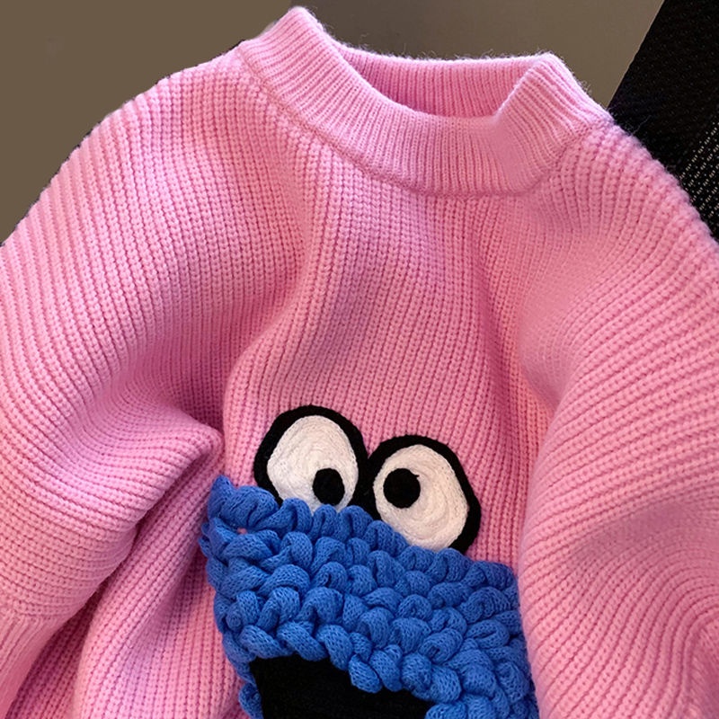 Áo Sweater Dáng Rộng Mềm Mại In Hình Sesame Street Kiểu Retro Nhật Bản Thời Trang Thu Đông Cho Nữ