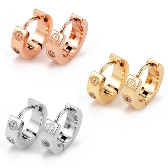 Bông Tai Titan Cartier Love Đính Xoàn Dạng Bấm