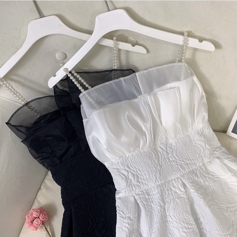 Váy đầm nữ 2 dây ngọc chất gấm Ylydress màu đen trắng xòe ngắn sexy hàn quốc freesize phom ôm body C938