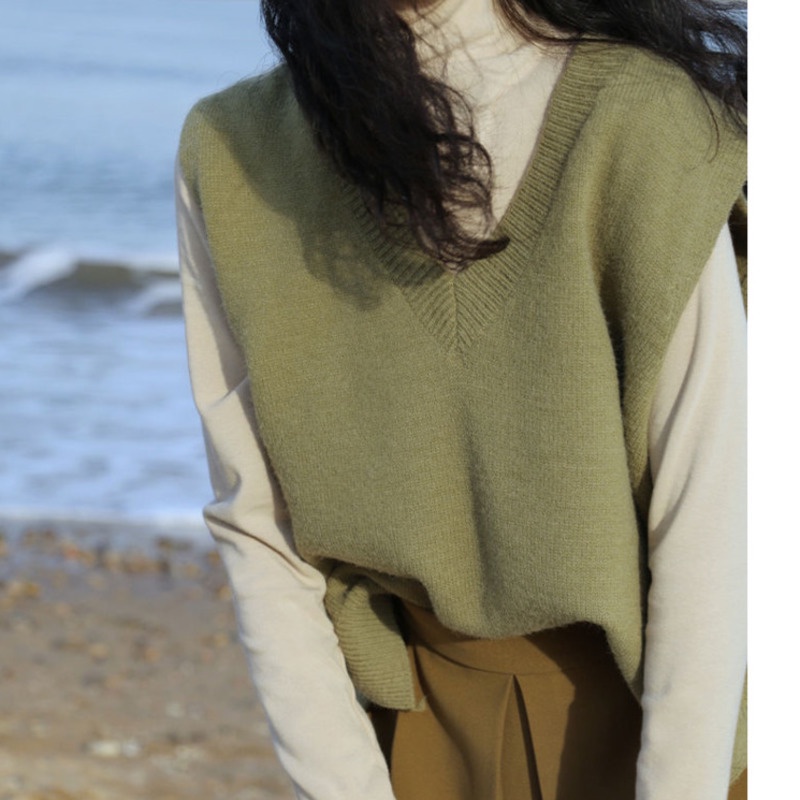 Áo Sweater Dệt Kim Sát Nách Cổ Chữ v Xẻ Tà Kiểu Retro Hàn Quốc