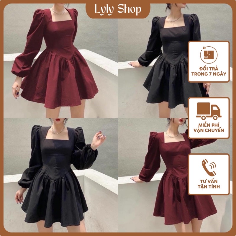 Đầm cổ vuông tay phồng  H1