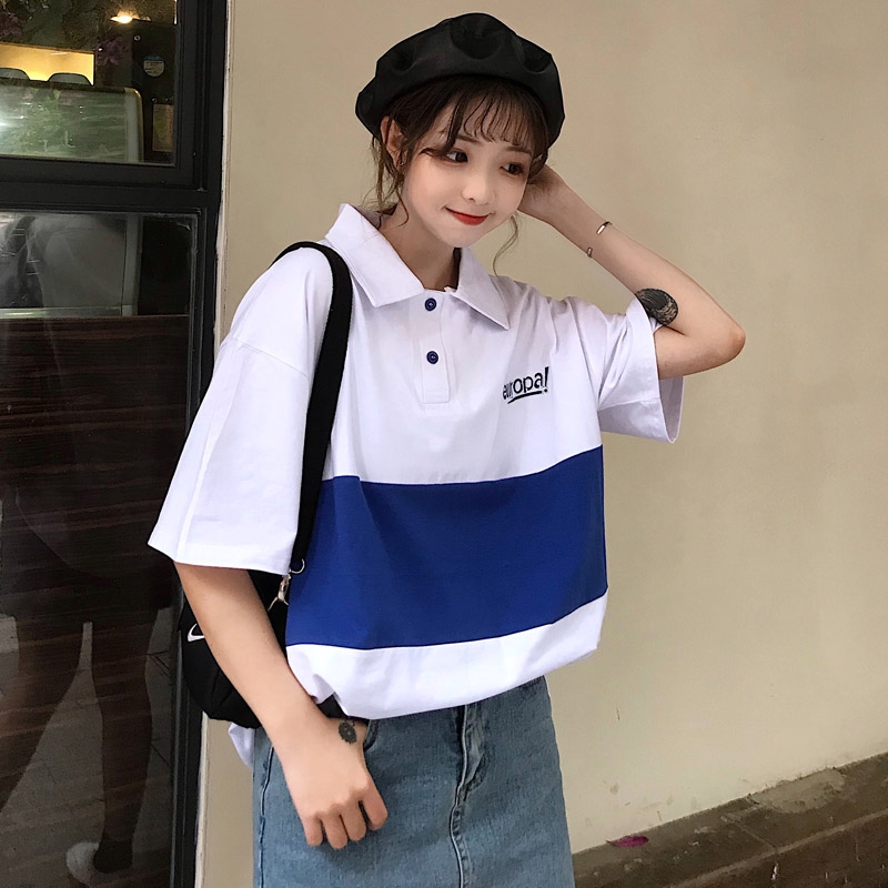 【Miss Sumey】Áo thun Polo dáng rộng ngắn tay in chữ phong cách Hàn Quốc