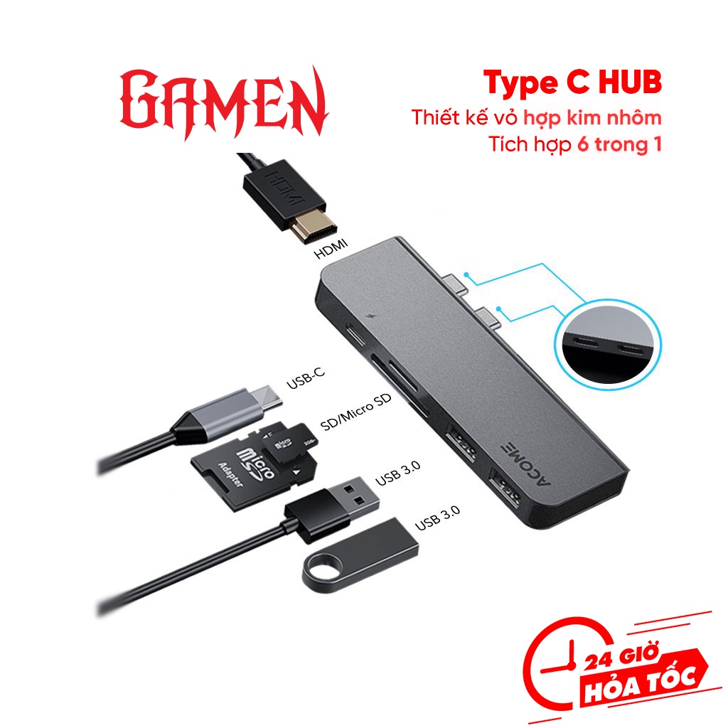 USB HUB Chuyển Đổi Acome AHT600 Dành Cho Macbook Chất Liệu Kim Loại Cao Cấp USB 3.0