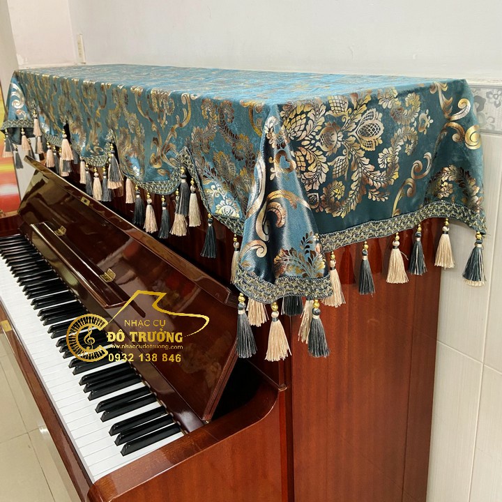 Khăn phủ đàn Piano cơ mẫu xanh phối tua rua chùm cao cấp