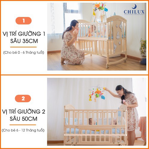 Giường cũi cao cấp trẻ em Chilux đa chức năng trọn bộ nệm xơ dừa và quây đệm cotton - Tặng kèm mùng và bàn thay tã