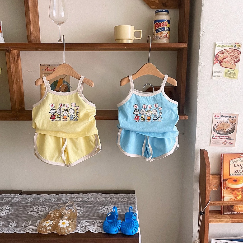 Bộ Áo Hai Dây + Quần Sooc In Họa Tiết Hoạt Hình Dễ Thương Thời Trang Mùa Hè Cho Bé