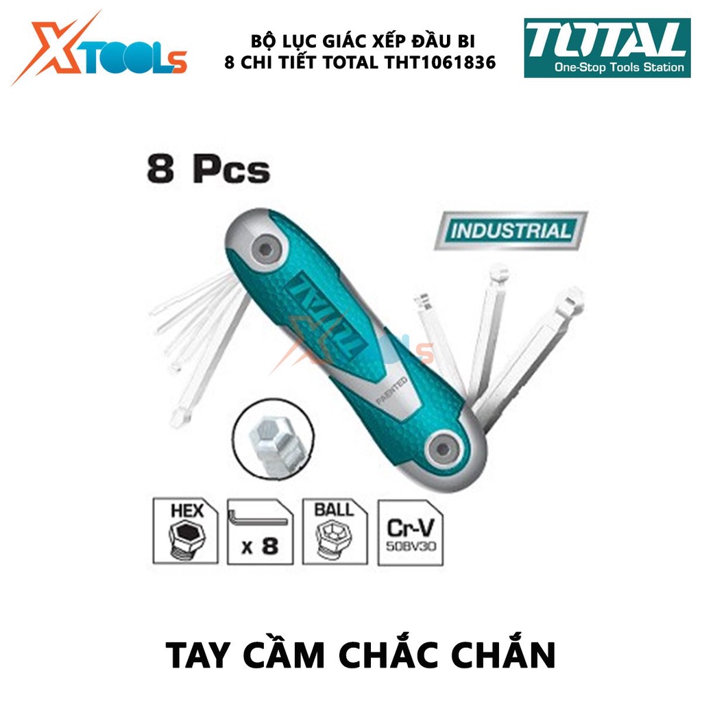 Bộ khóa lục giác xếp 8 chi tiết TOTAL THT1061836 Bộ 8 chìa lục giác bi Kích thước 2 - 8mm Thép CR-V tháo lắp, mở bulon