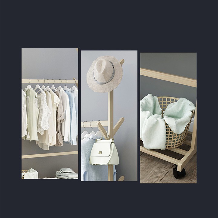 Giá treo quần áo túi xách gỗ di động kiểu Hàn decor phòng ngủ đẹp - Tủ kệ để đồ treo quần áo trang trí shop thời trang