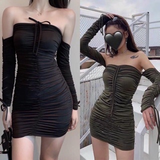 Váy rớt vai dài tay rút dây ngực rúm chun váy body sang chảnh Annastore