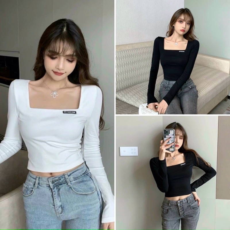 Áo croptop tay dài cổ vuông FREESHIP áo croptop nữ basic trắng/đen BC4045