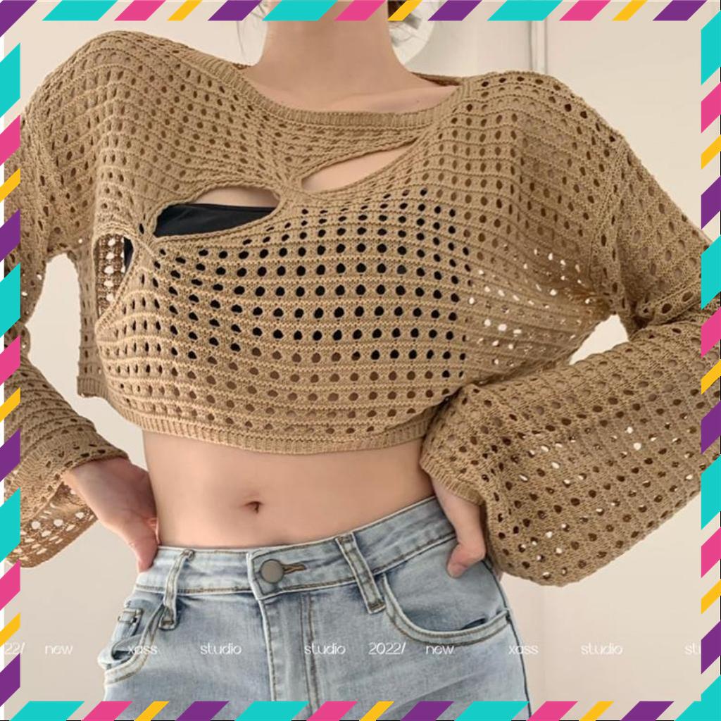 Áo croptop nữ khoác ngoài form rộng GenY_GenZ, Áo kiểu nữ dệt kim tay loe khoét lỗ phong cách Hàn Quốc MSP83295