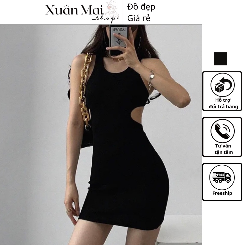 [FREESHIP] Đầm ôm body nữ thiết kế ba lỗ khoét eo hở lưng hai màu đen trắng