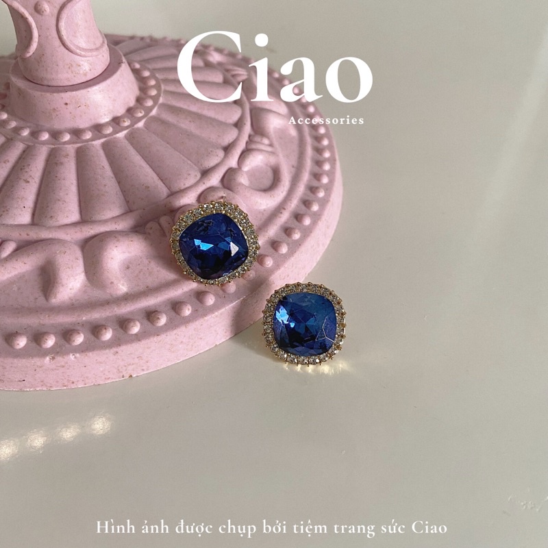 [HỎA TỐC 1H] Khuyên tai/ Bông tai mạ bạc S925 thiết kế đính đá xanh sang trọng Blue Ciao