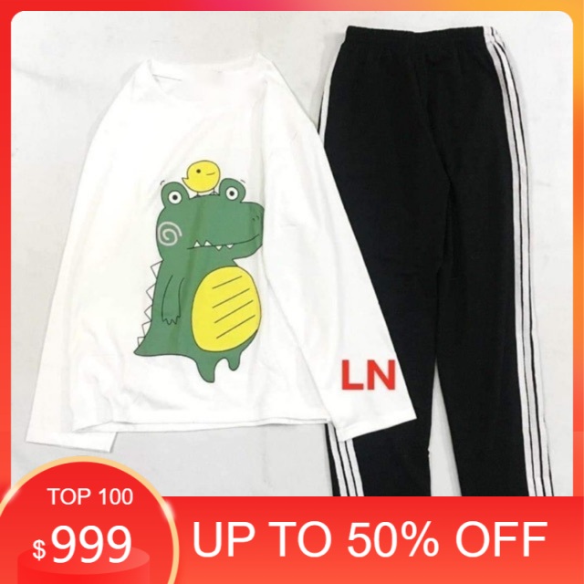 Sét áo khủng Long đội gà tay dài + quần ba sọc LN12 , Áo thun nam nữ, quần kaki, quần nữ, sét bộ mặc ở nhà MODY