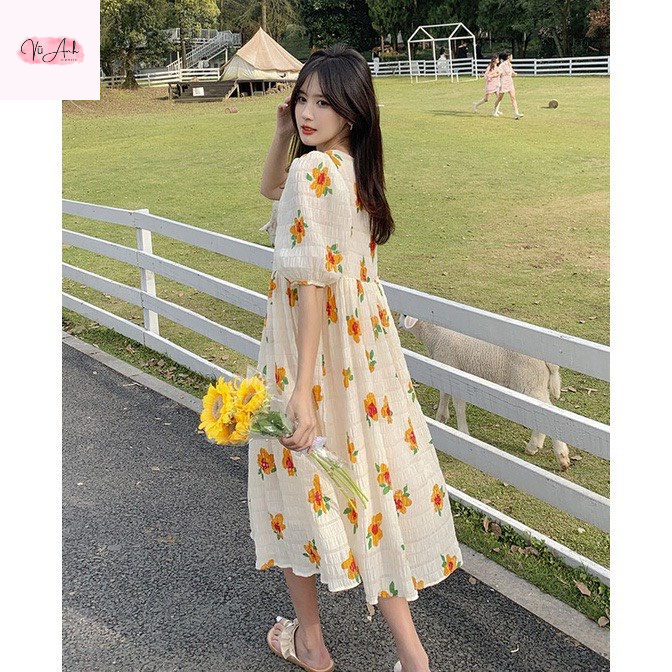 Váy babydoll , đầm bầu hoa vàng váy maxi hoa dáng rộng tay phồng siêu xinh