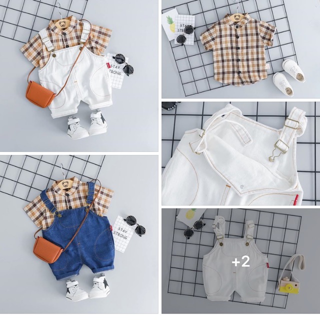 Set yếm nò áo sơ mi kẻ nâu