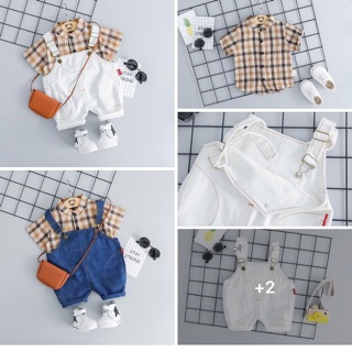 Set yếm nò áo sơ mi kẻ nâu