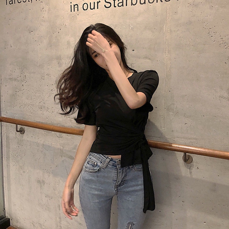 AMOI Áo Thun Tay Ngắn Màu Trắng Phong Cách Hàn Quốc Thời Trang Cho Nữ