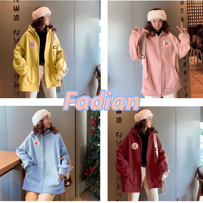 Áo Hoodie Unisex nam nữ form rộng tay dài có dây kéo, nón 2 lớp chui đầu thêu THỎ HỒNG nhiều màu phong cách Ulzzang