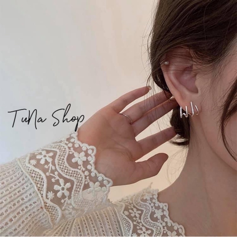 Khuyên tai bạc nữ, bông tai bạc gắn đá, Khuyên tai cá tính kẹp vành tai TUNA SILVER