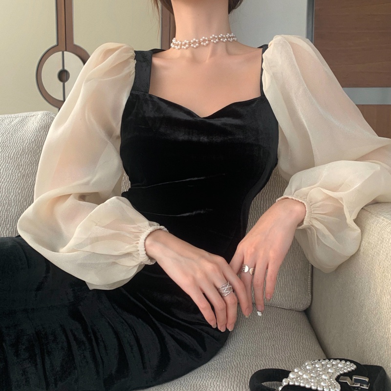 IELGY IELGY Đầm Nhung Đen Cổ Chữ v Phong Cách Hong Kong Thời Trang Cho Nữ