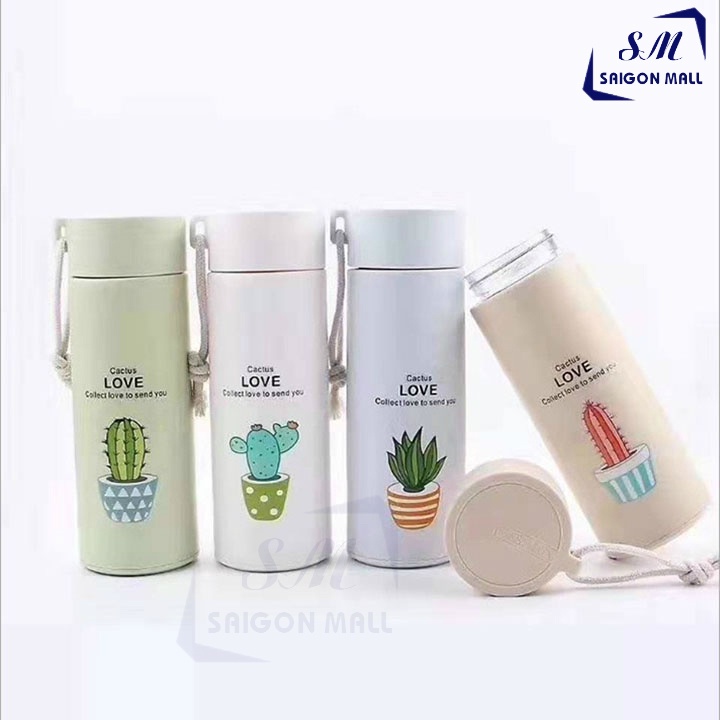 Bình giữ nhiệt lõi thủy tinh vỏ bọc nhựa in hình dễ thương 400ml và 450ml-đặc biệt có dây xách rất tiện lợi
