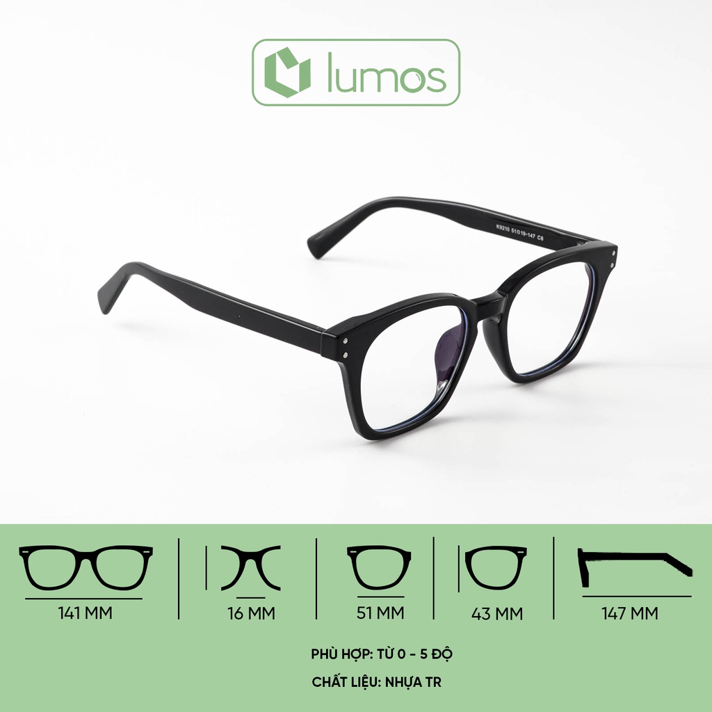 Gọng kính cận nam nữ vuông đẹp thời trang Hàn Quốc chống tia UV cao cấp Lumos 9210