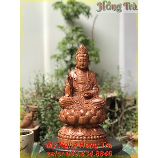 Tượng gỗ đẹp. Phật bà Quan Thế Âm Bồ Tát ngồi đài sen cao 30cm. Tượng cao cấp
