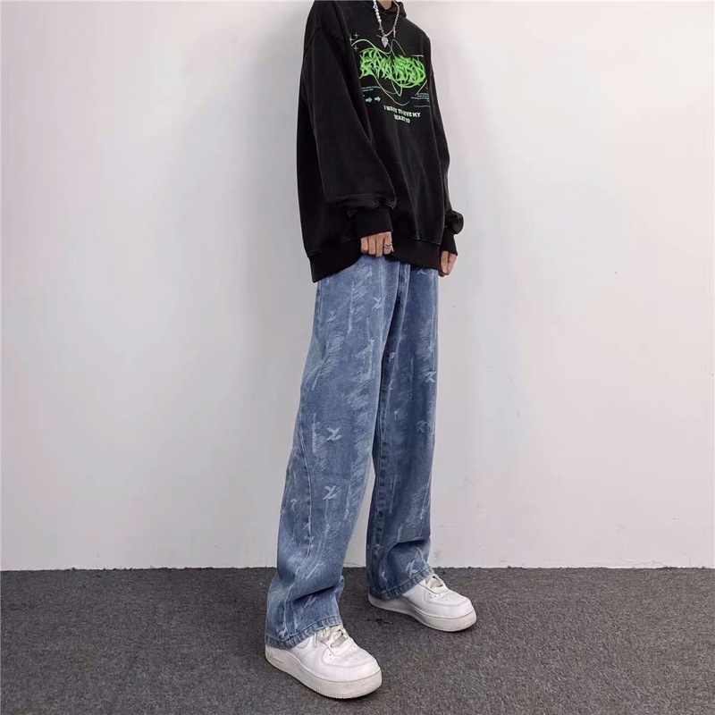 Quần bò jeans ống rộng mài hoạ tiết màu xanh nhạt hiphop siêu chất ❤️