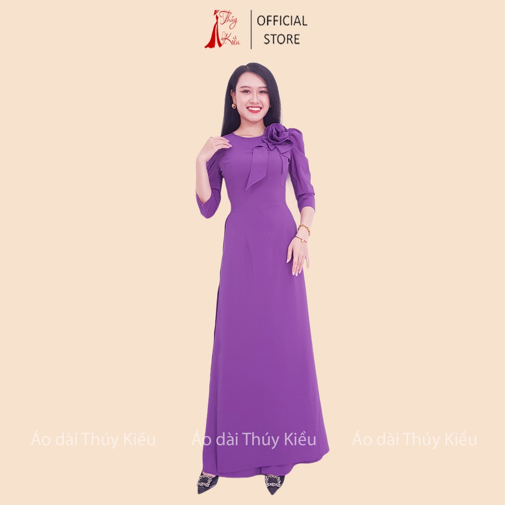 Áo dài trơn lụa Nhật cổ tròn màu tím huế tay bồng A04