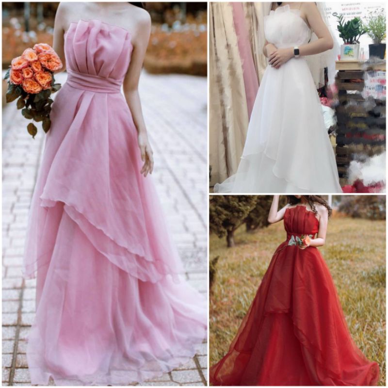 Đầm váy dạ hội, cô dâu đi bàn cúp ngực xòe lệch tầng sang trọng
